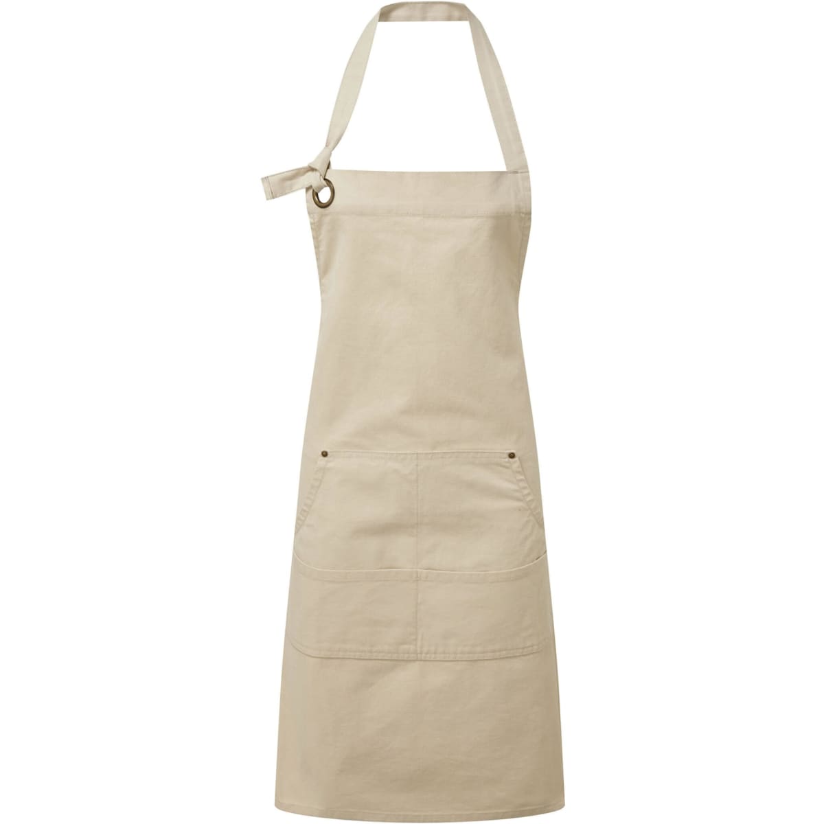 A beige heavy cotton canvas apron with adjustable neck strap and front pockets. It features a logo on the fabric.