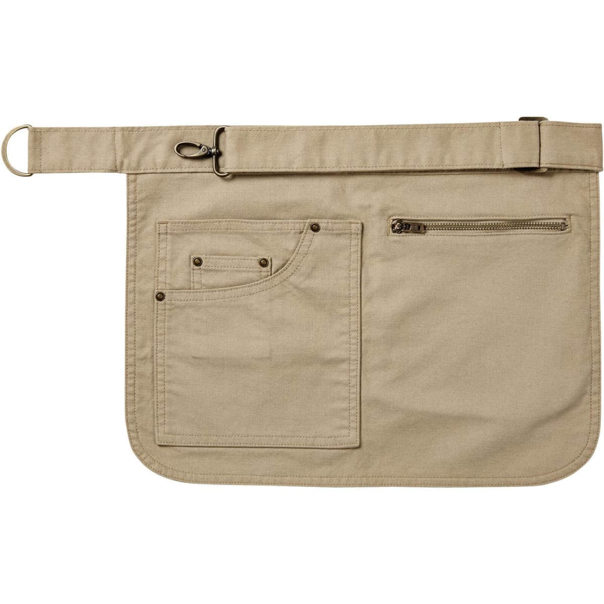 A beige utility hip apron featuring multiple pockets and a belt attachment, with a branded logo.