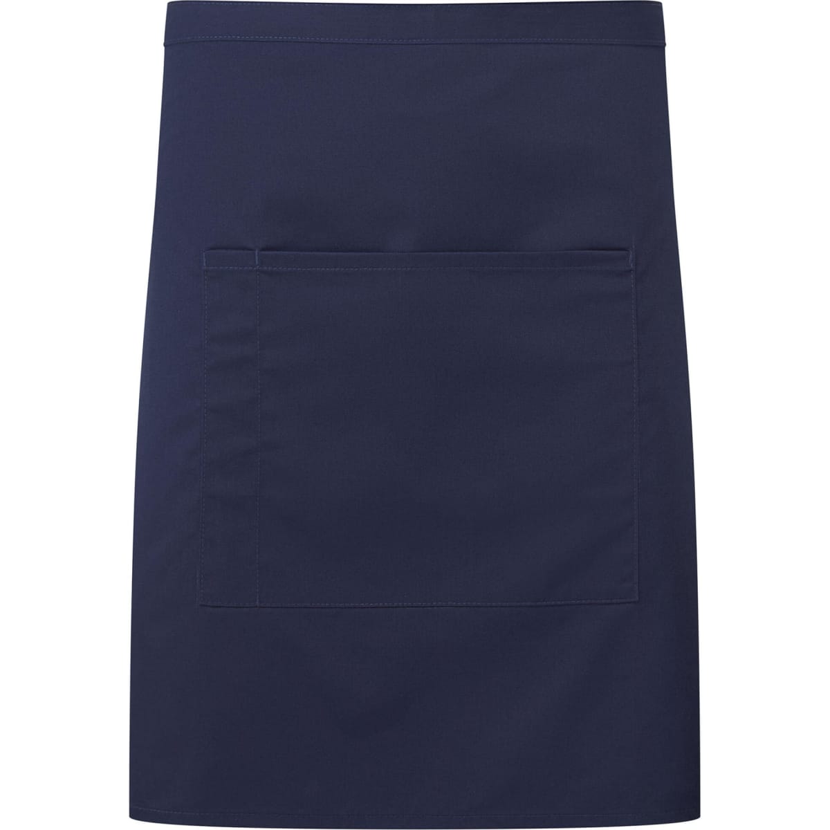 A navy mid-length pocket apron featuring a large front pocket and a simple design. It has a logo on the side.