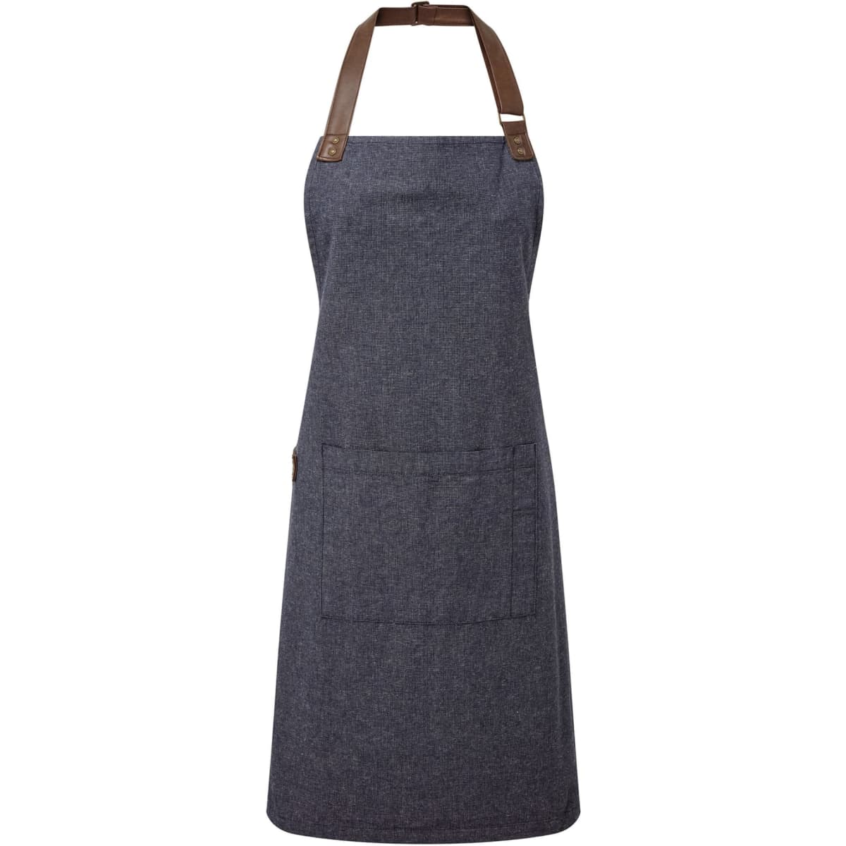 A dark blue apron with brown straps and a front pocket, featuring a logo. Suitable for workwear use.
