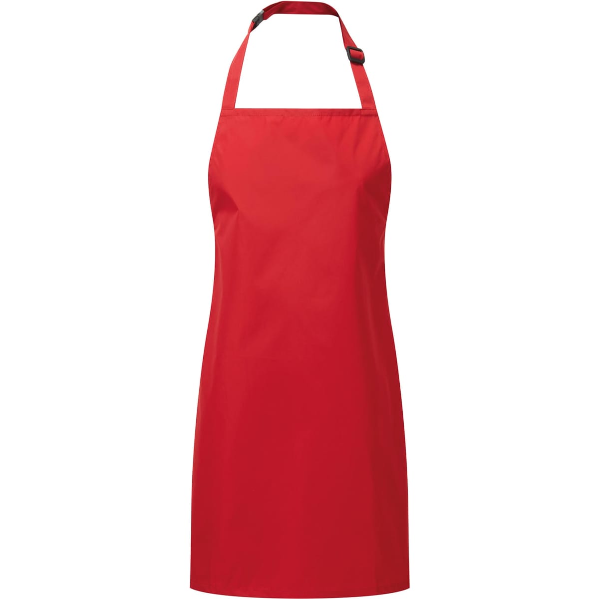 A red waterproof apron with a neck strap and adjustable fastening, featuring a logo at the top.