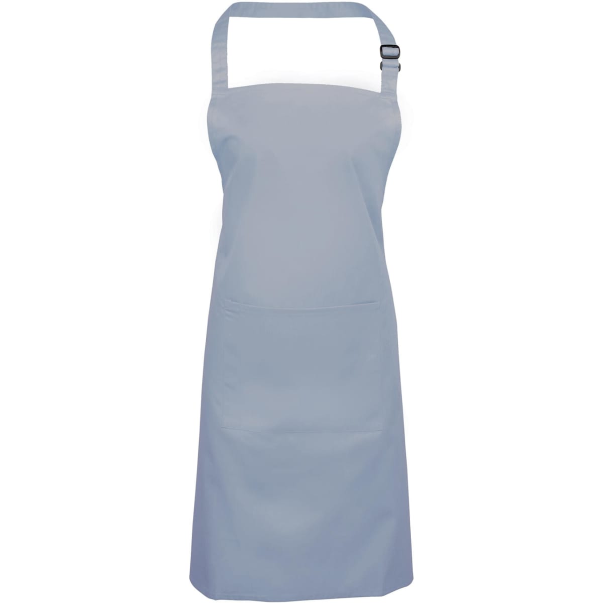 A blue bib apron with a pocket and adjustable neck strap, featuring a branding logo.