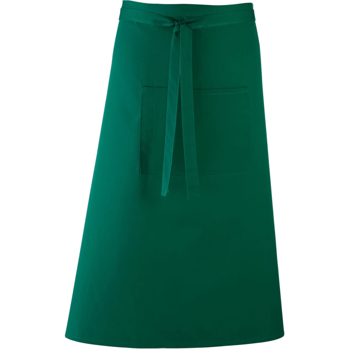 A green apron with a tie waist and a front pocket, featuring a logo on the fabric.