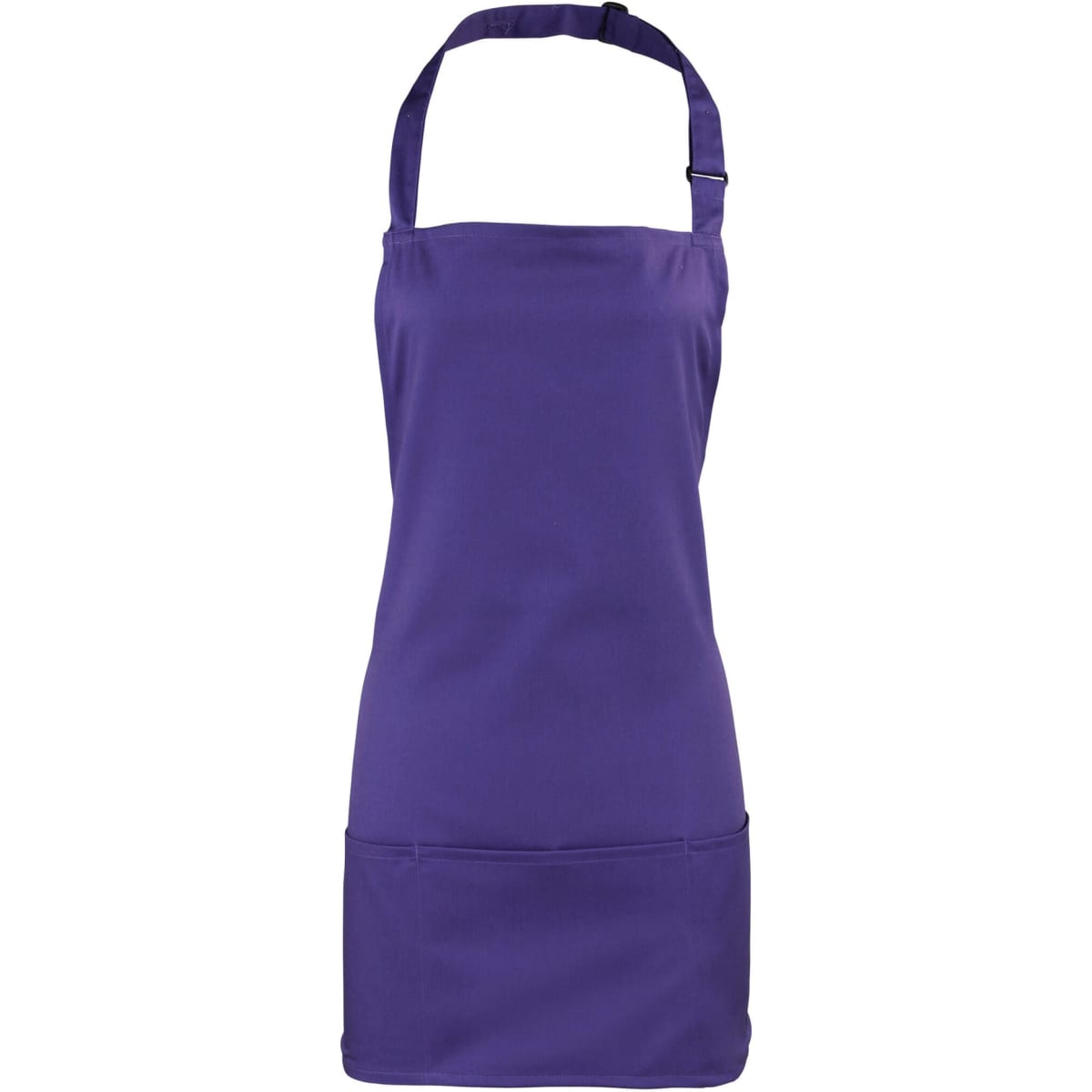 A purple 2-in-1 apron with adjustable straps and front pockets, featuring a logo.