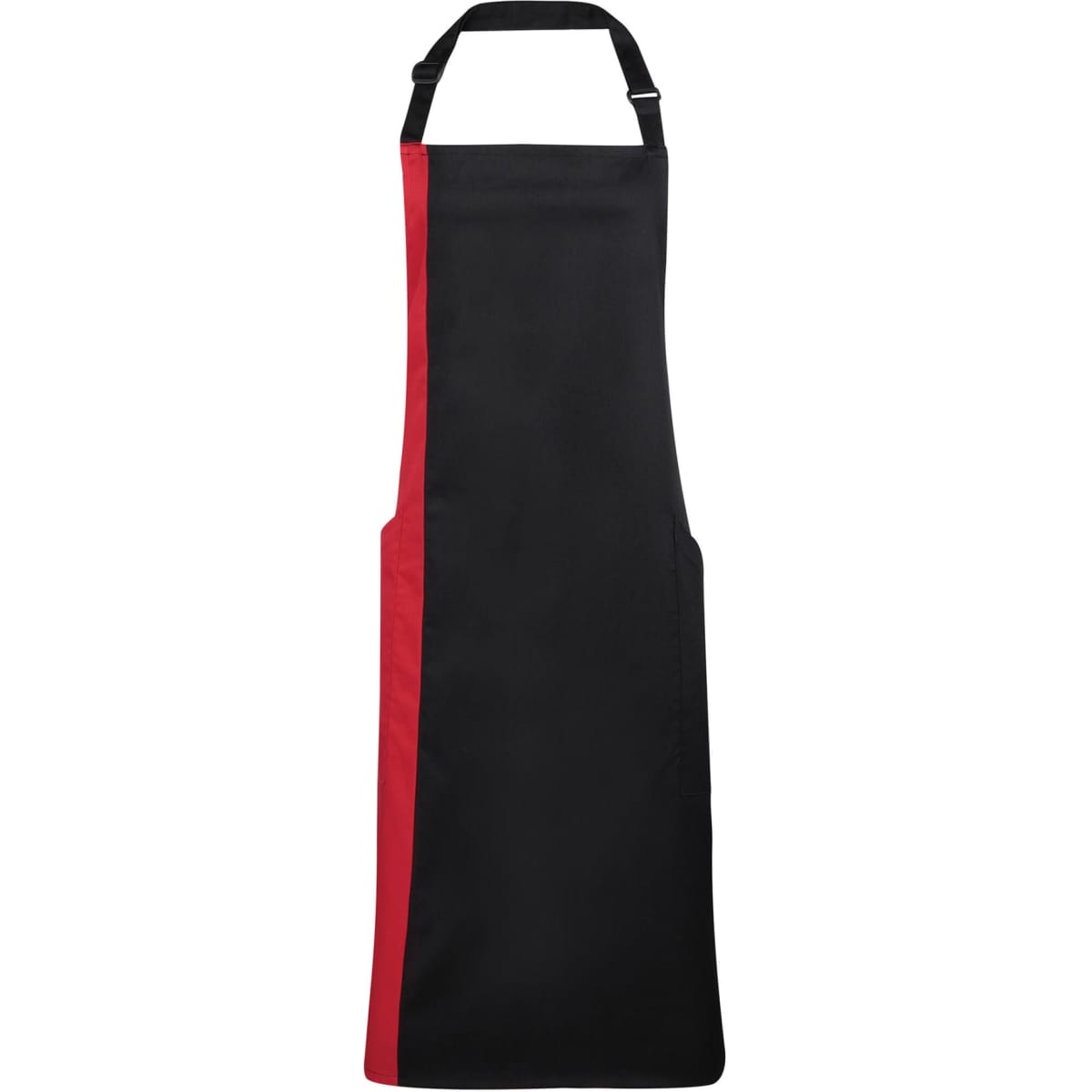 A black and red Contrast Bib Apron featuring a branded logo, designed for workwear use.