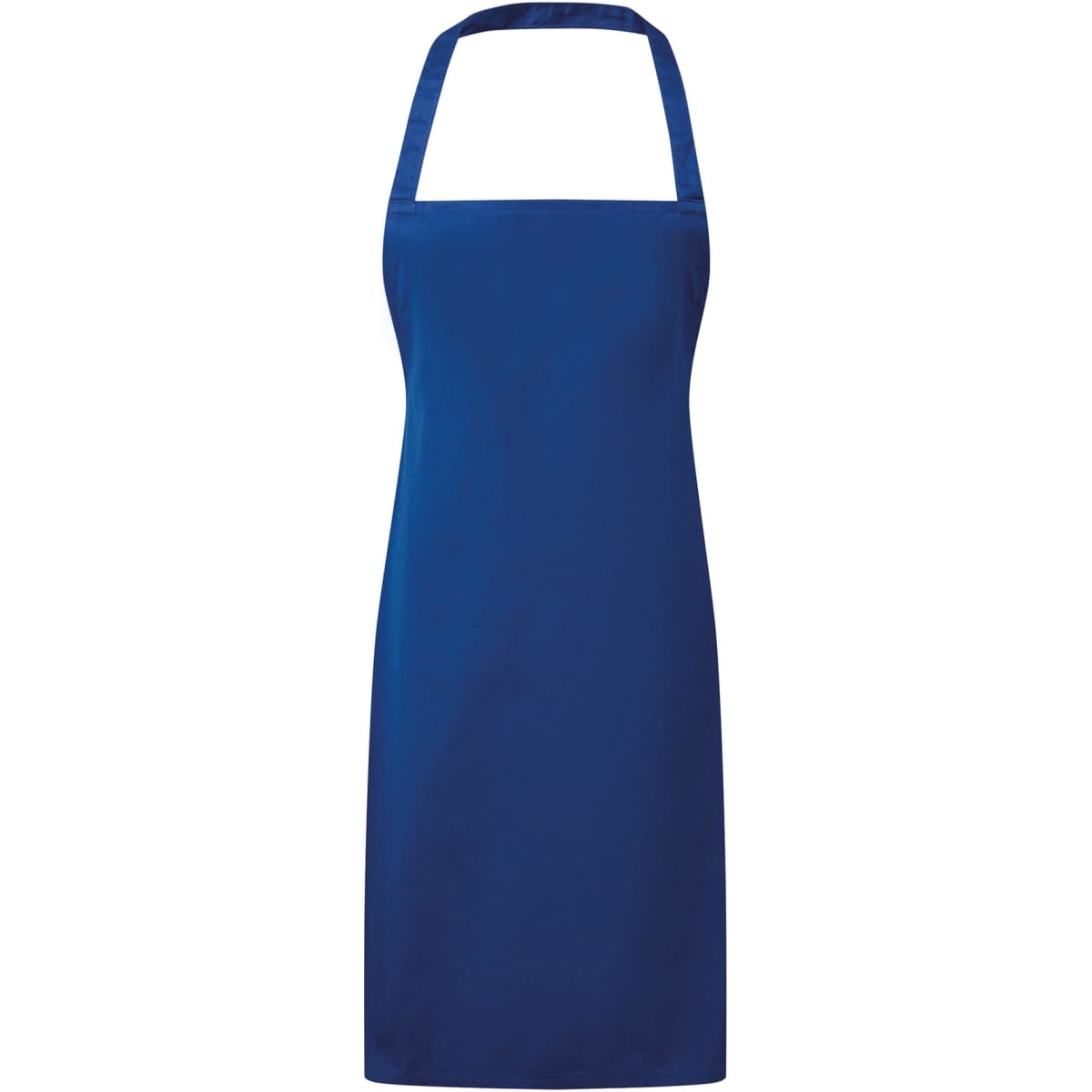 A blue essential bib apron with a halter neck design and a logo. Suitable for workwear purposes.