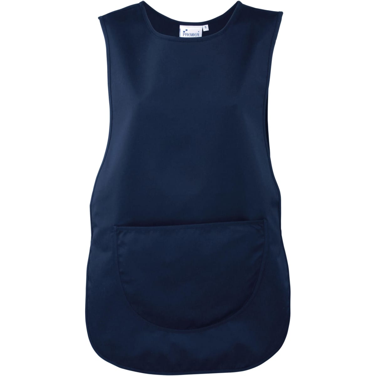 A navy blue pocket tabard, featuring a large front pocket and a sleeveless design. It has a branding logo.