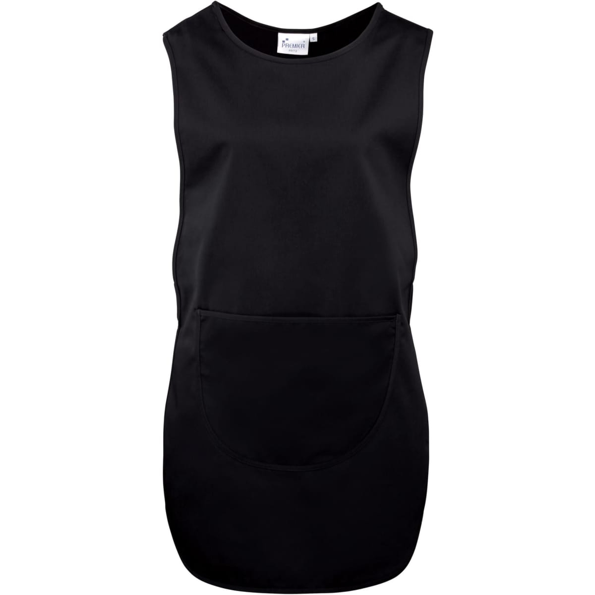 A black long-length pocket tabard featuring a large front pocket, suitable for uniforms or tunics.