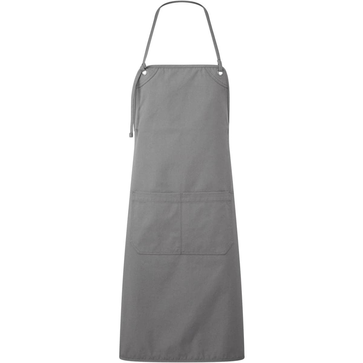 A grey canvas apron with double pockets and adjustable neck straps, featuring a logo.