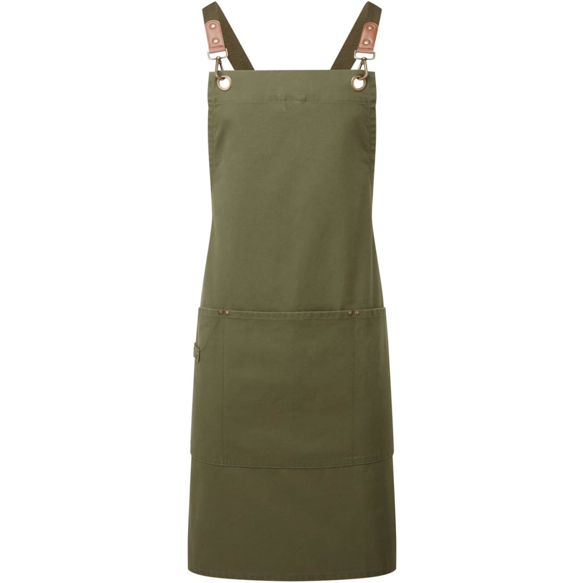 An olive green cross-back bib apron with leather straps and a front pocket, featuring a logo.