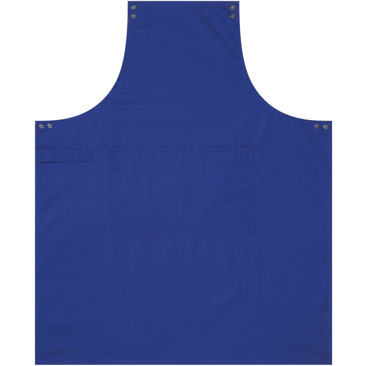 A blue custom apron features a front pocket and metal snaps, showcasing a solid design with no text or branding visible.