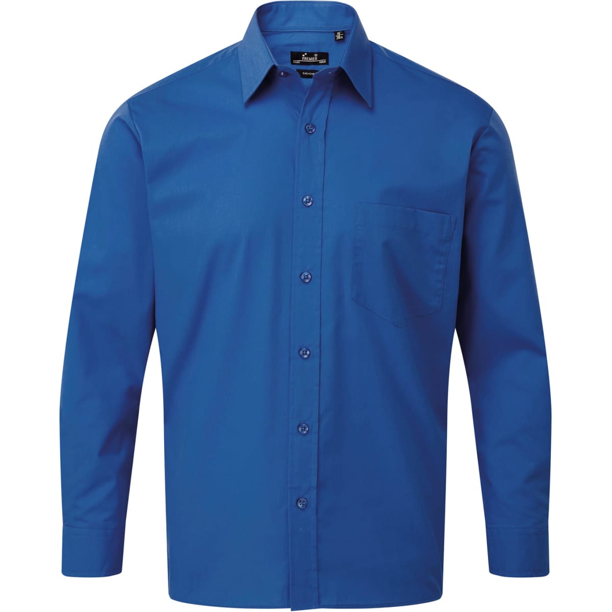 A blue long-sleeve button-up shirt featuring a chest pocket and a collar, with a logo on the label.