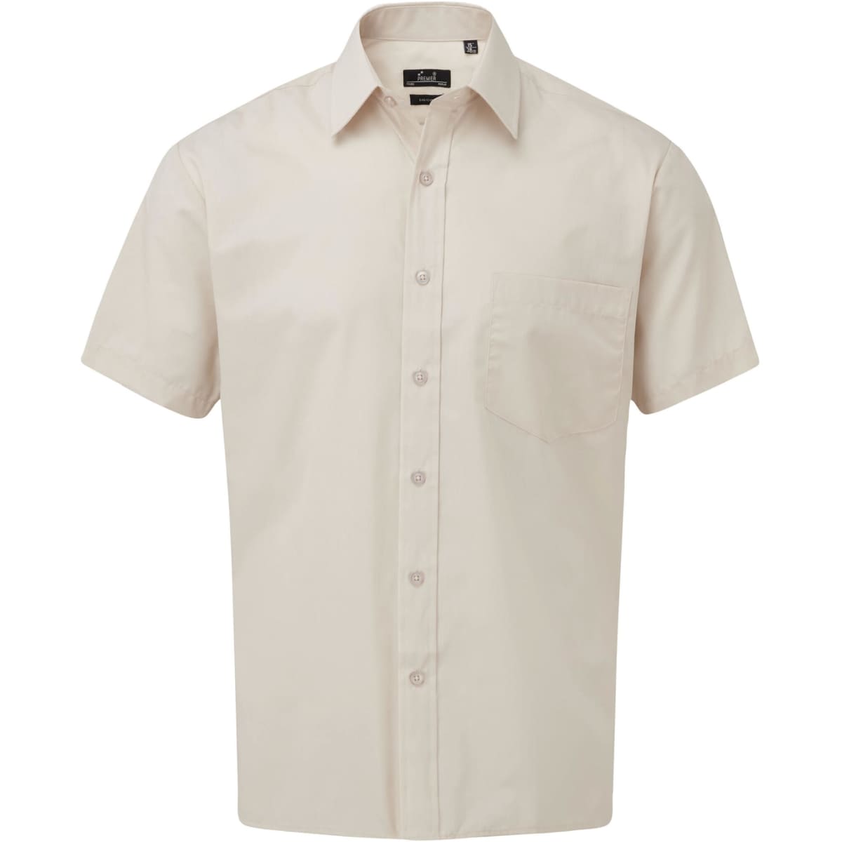A beige short-sleeve button-up shirt with a chest pocket and a logo.