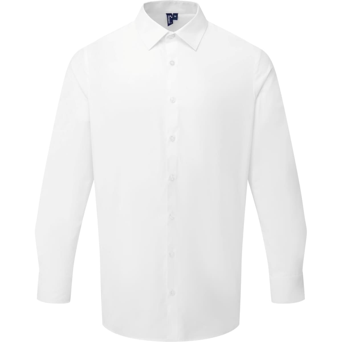 A white long-sleeve shirt with a button-up front and collar; features a logo on the label.