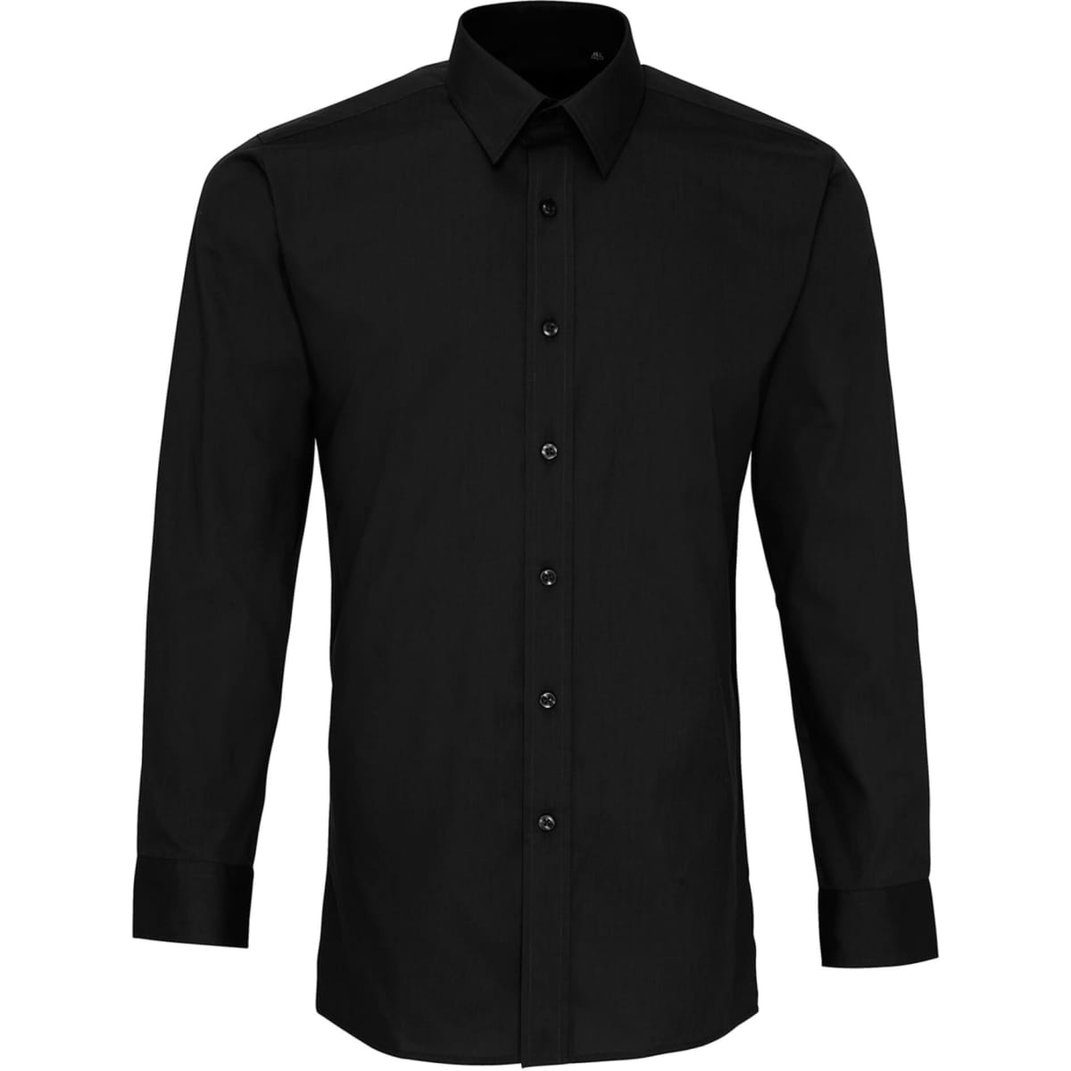 A black fitted long-sleeve shirt with a collar and buttons down the front. It features a branded logo.