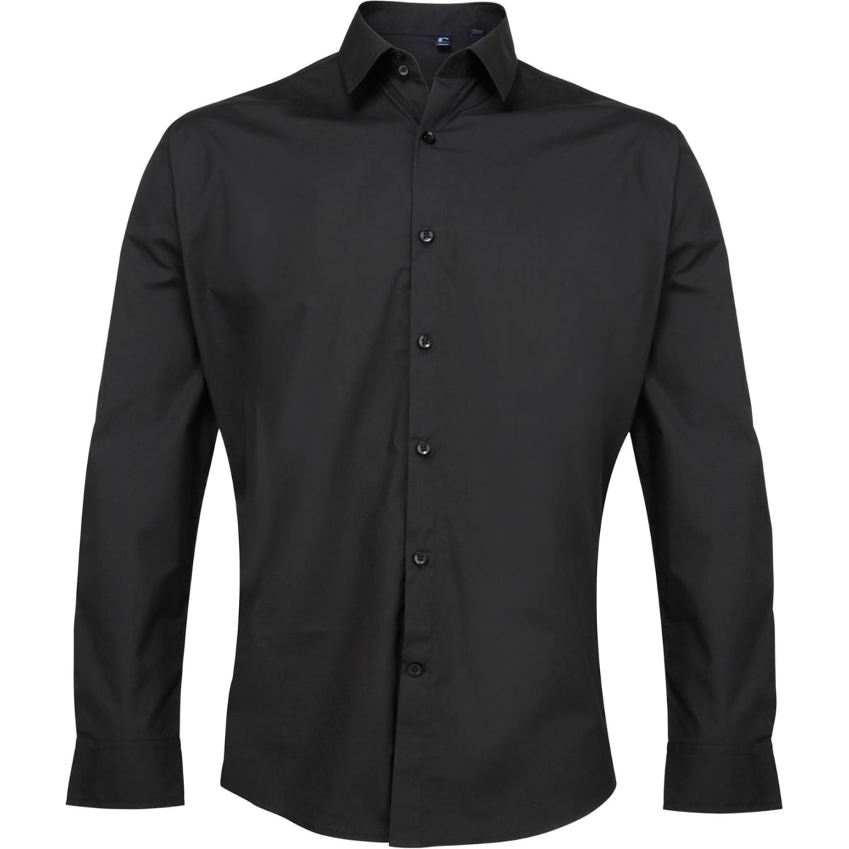 A black button-up shirt with long sleeves and a classic collar. It features a logo on the fabric.