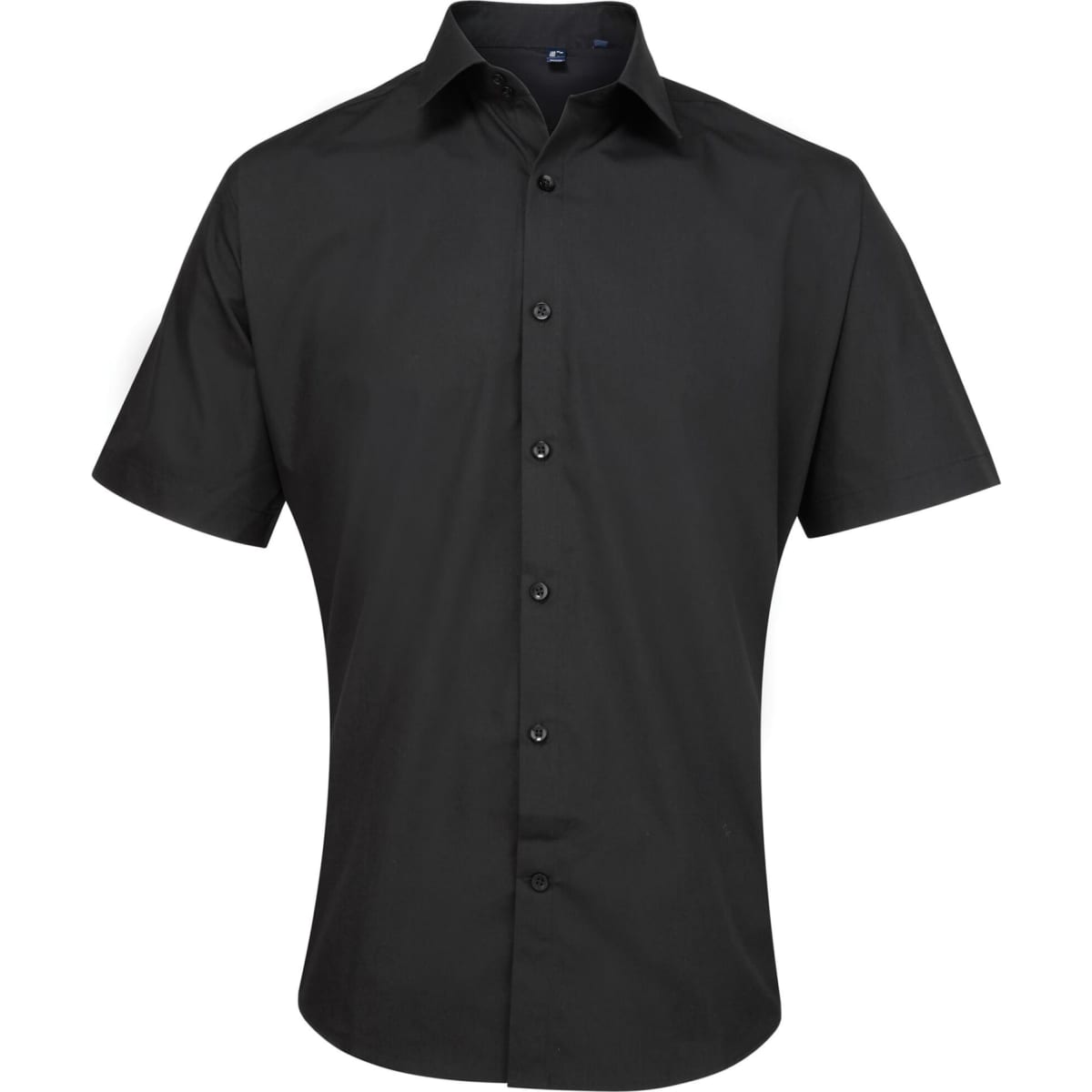 A black short-sleeved button-up shirt featuring a collar and buttons, with a logo present.