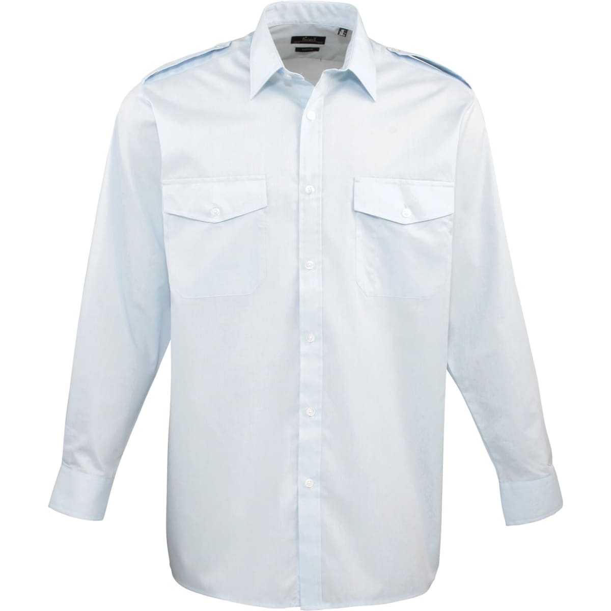 A light blue button-up shirt with long sleeves and two chest pockets. The shirt features a logo on the collar.