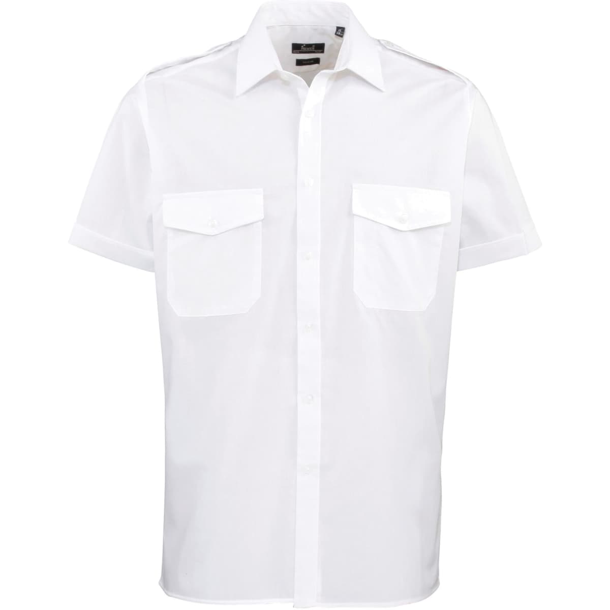 A short-sleeved white button-up shirt featuring two front pockets and a small logo on the collar.