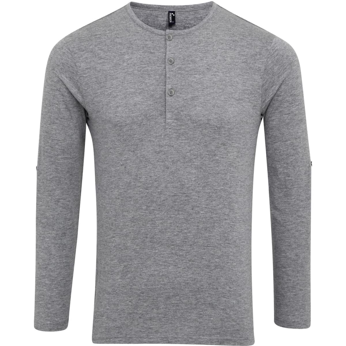 A grey long sleeve tee with roll sleeves and a buttoned placket, featuring a logo.