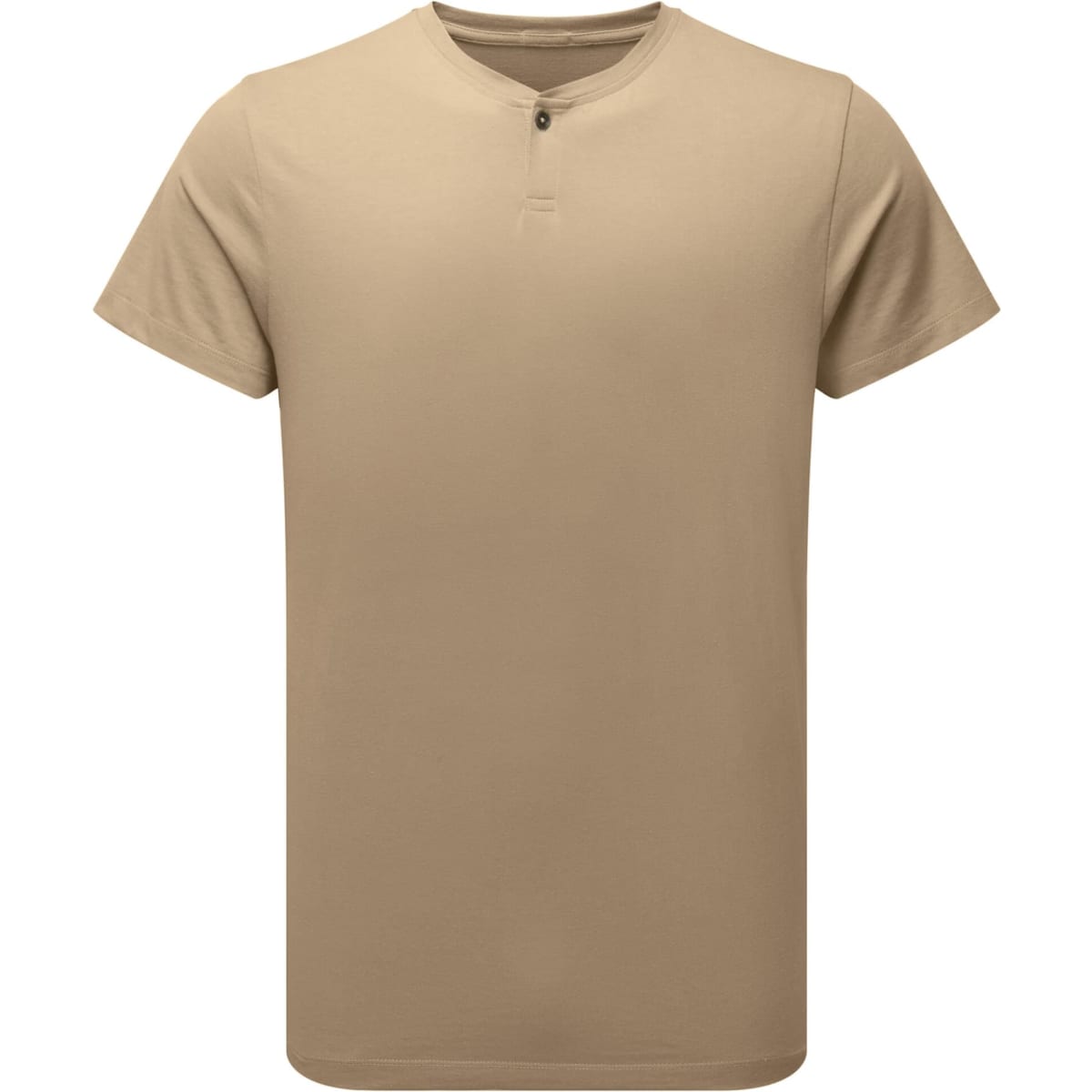 A beige men's cotton-rich t-shirt with a round neckline and a button detail. It features a logo on the fabric.