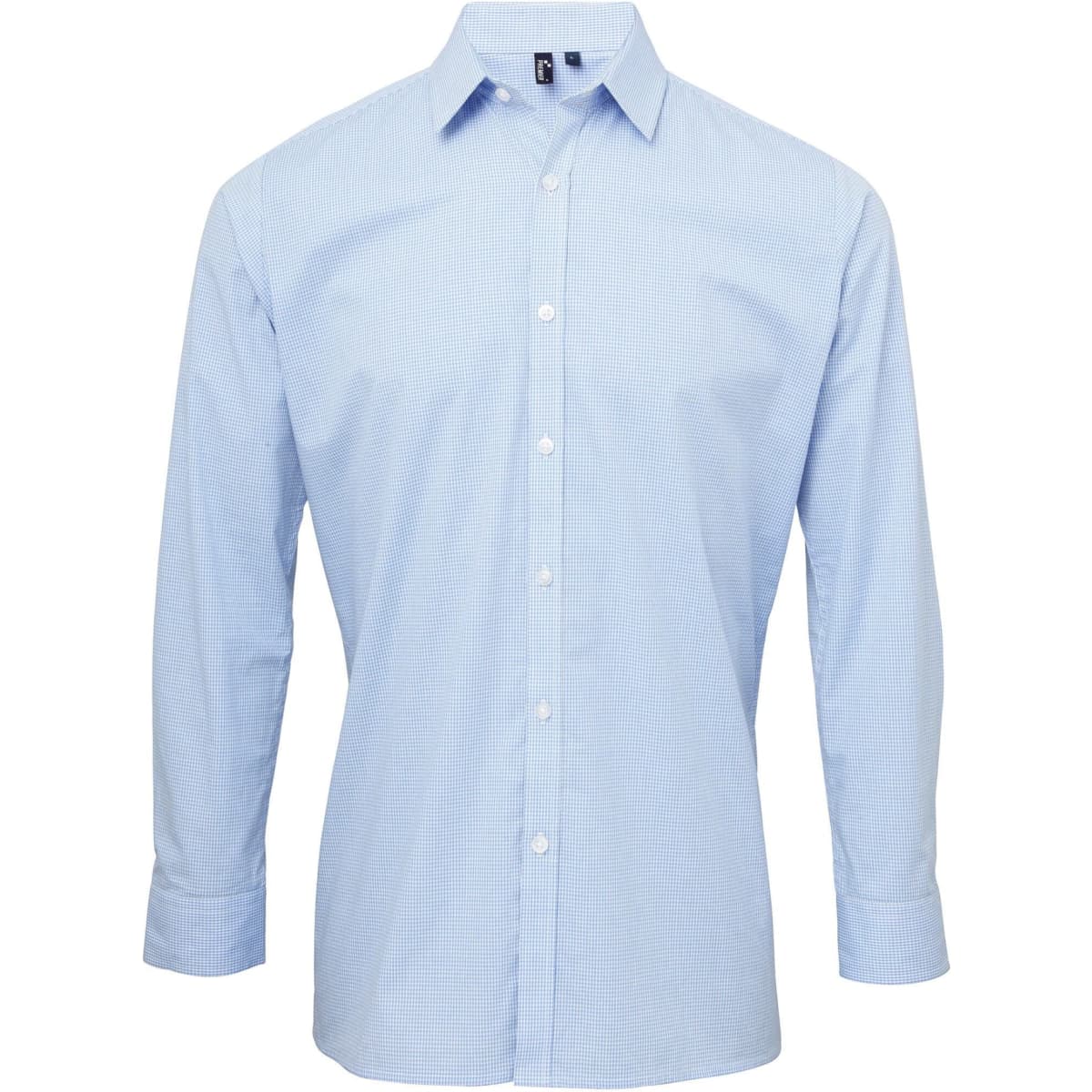 A light blue button-up shirt with long sleeves and a collar, featuring a logo on the chest.