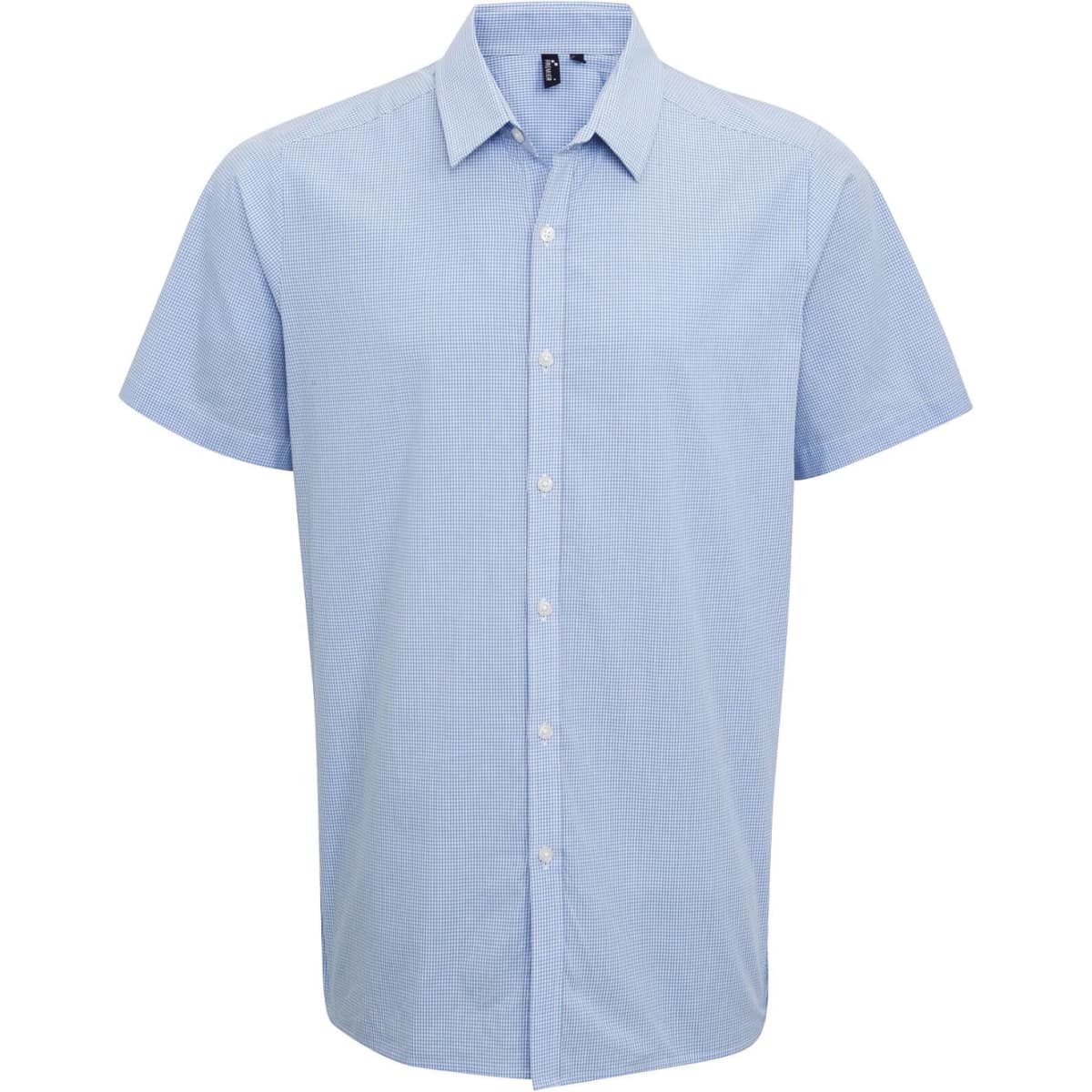 A blue microcheck short-sleeve button-up shirt with a collar and a logo on the chest.