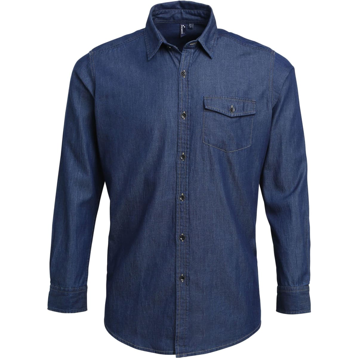 A denim shirt in a deep blue shade, featuring long sleeves, a button-up front, and a chest pocket. It has a logo.