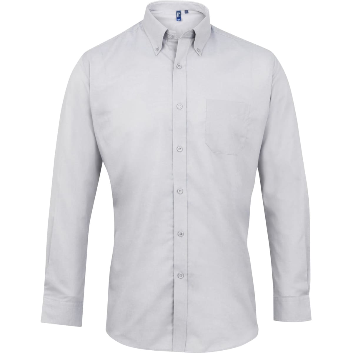 A light grey button-up shirt with a collar, long sleeves, and a chest pocket. It features a logo on the chest.