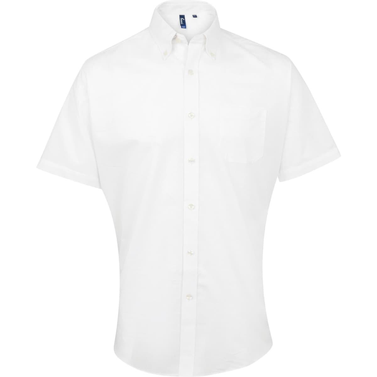 A white button-up shirt with short sleeves and a pocket, featuring a logo on the collar.