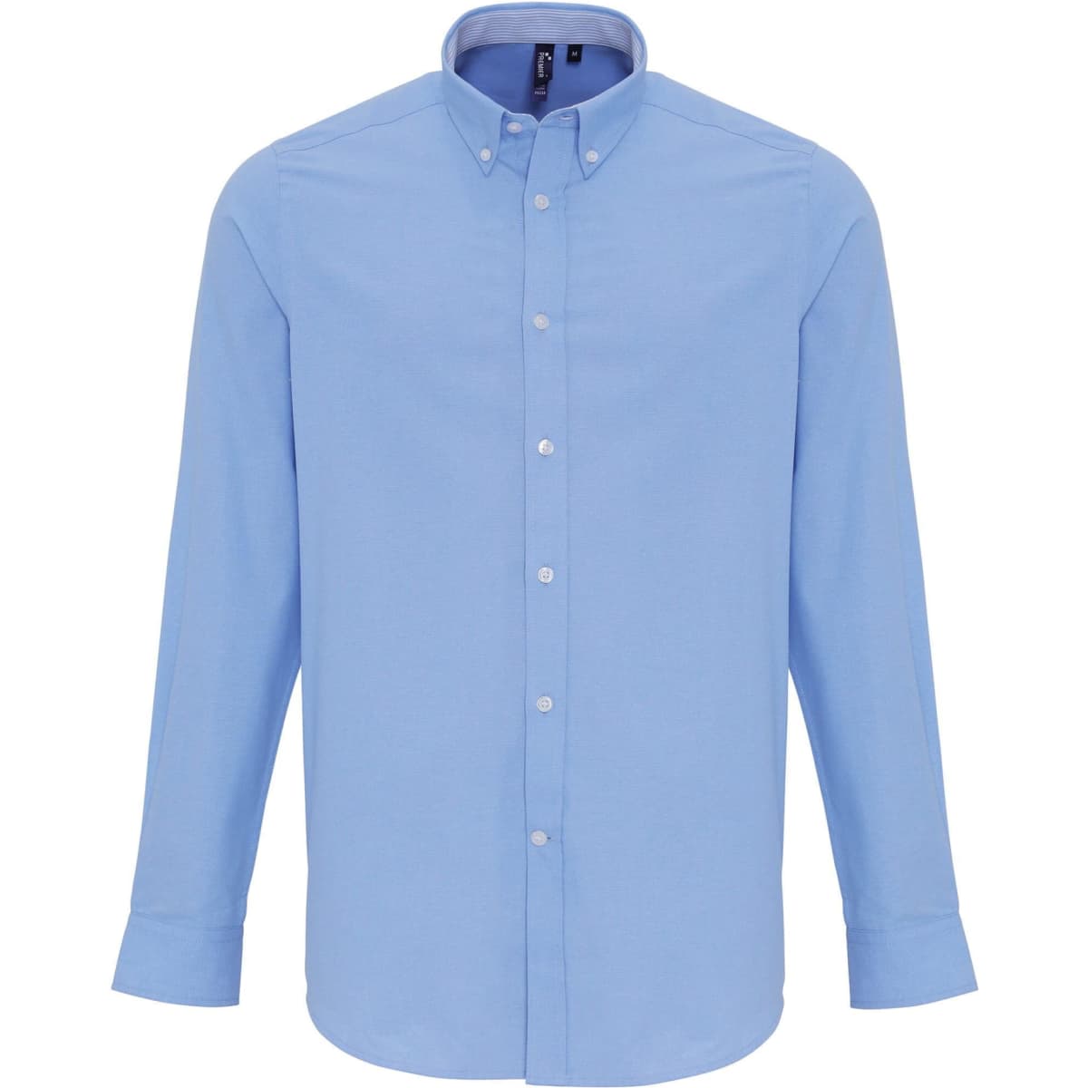 A light blue cotton-rich Oxford button-up shirt with a collar and long sleeves. It features a logo.