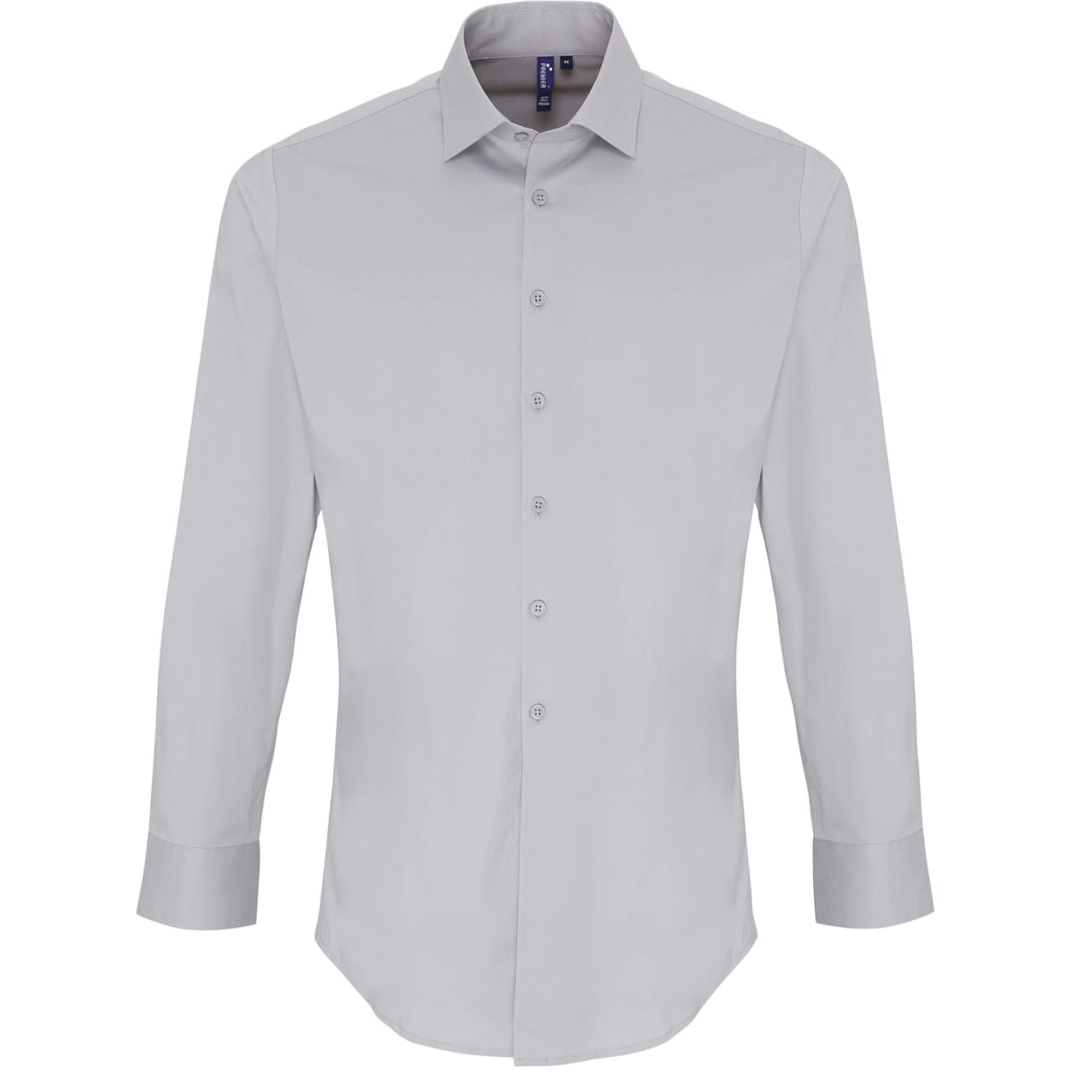 A light grey button-up shirt with a collar and long sleeves, featuring a logo on the front.