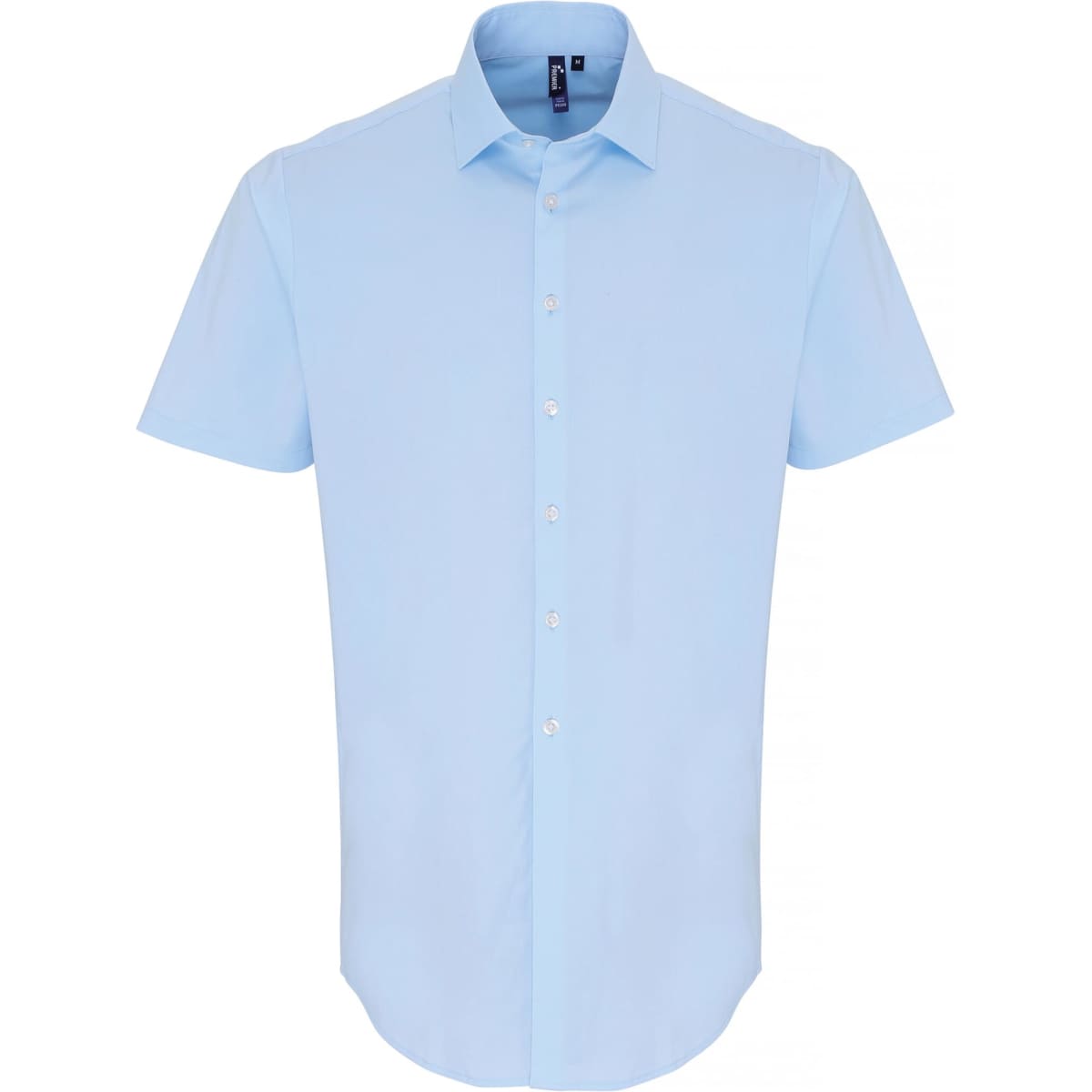 A light blue short-sleeved button-up shirt with a collar, featuring a logo on the chest.