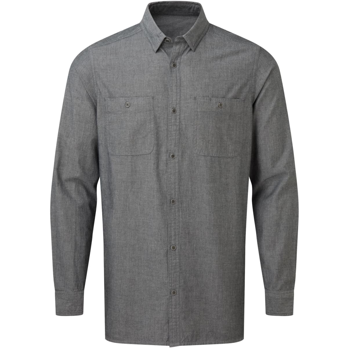 A grey chambray button-up shirt with a collar and two chest pockets, featuring long sleeves and a logo.