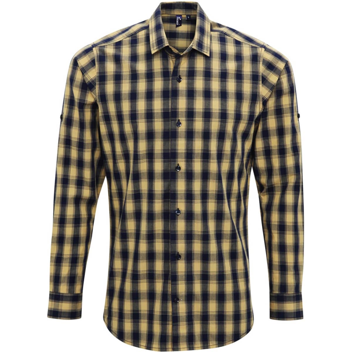 A long-sleeve button-up shirt in a yellow and navy check pattern, featuring a logo on the chest.