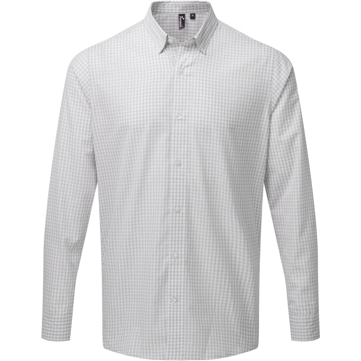 A button-up shirt in light grey with a check pattern, featuring long sleeves and a collar. Contains branding.