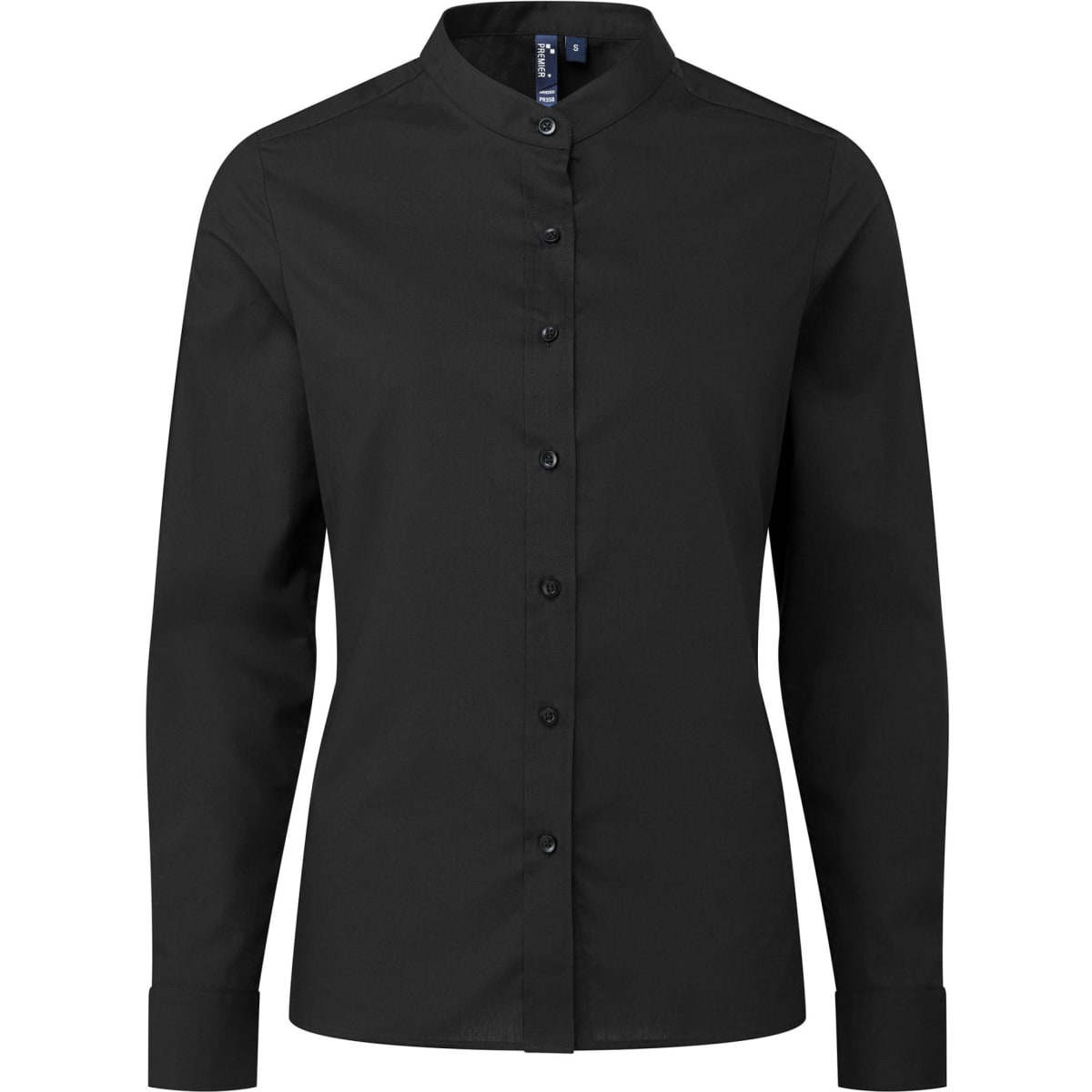A black banded collar long-sleeve shirt with a button-up front and a logo.