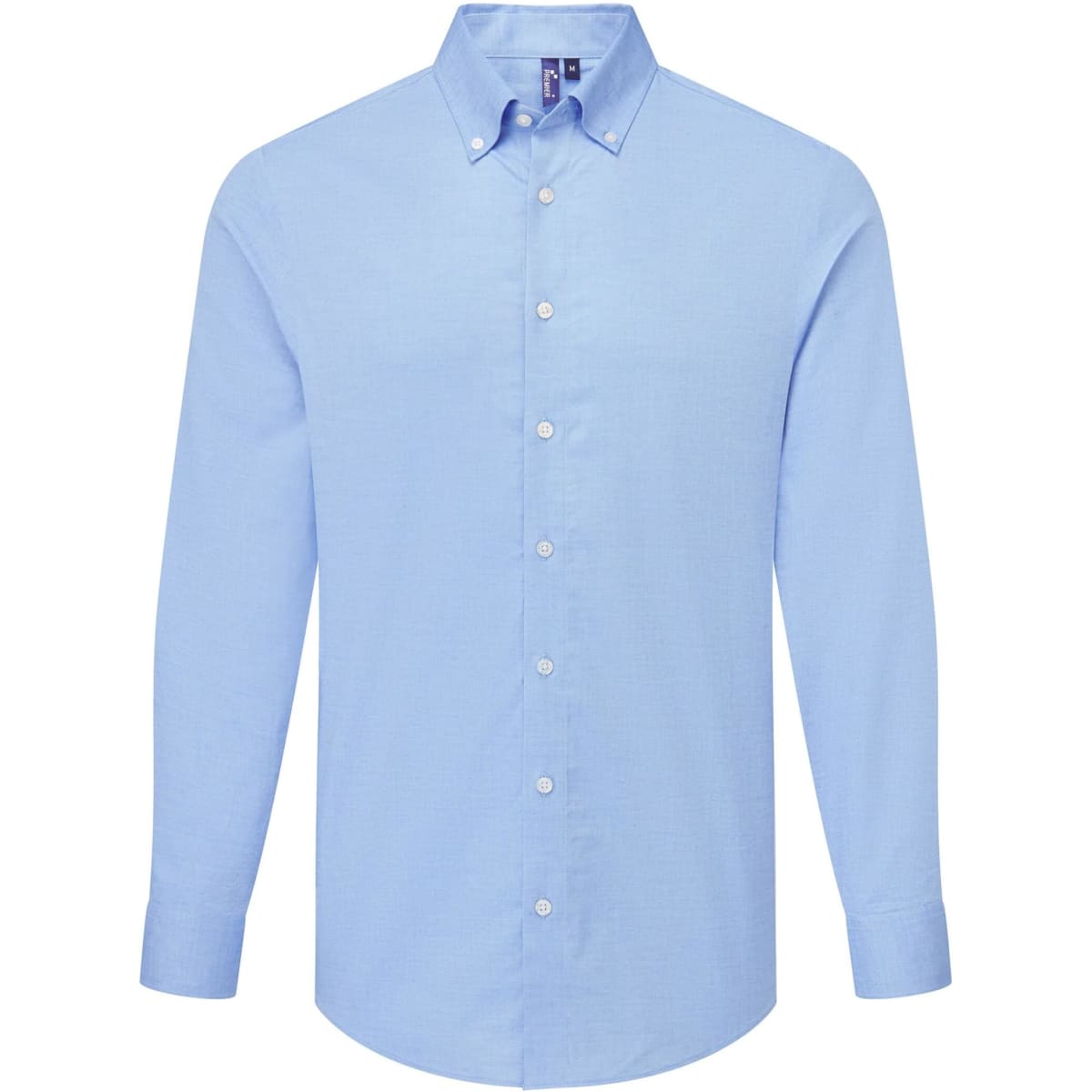 A light blue long-sleeve shirt with a button-down collar and a logo on the label.