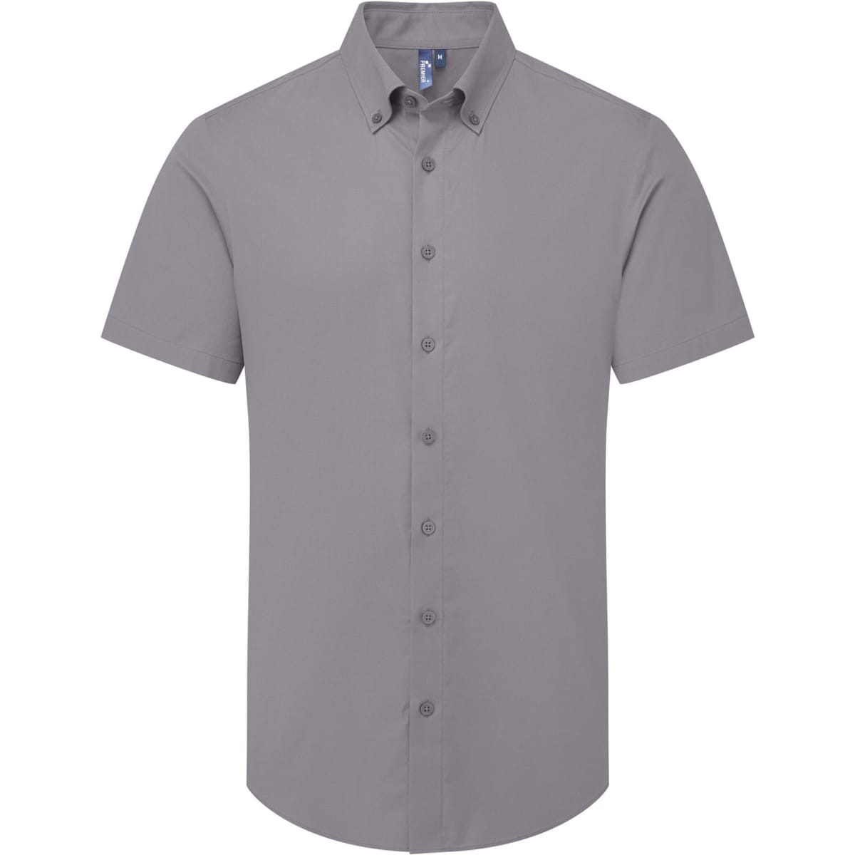 A short-sleeved grey men's shirt with a button-down collar and a logo on the chest.