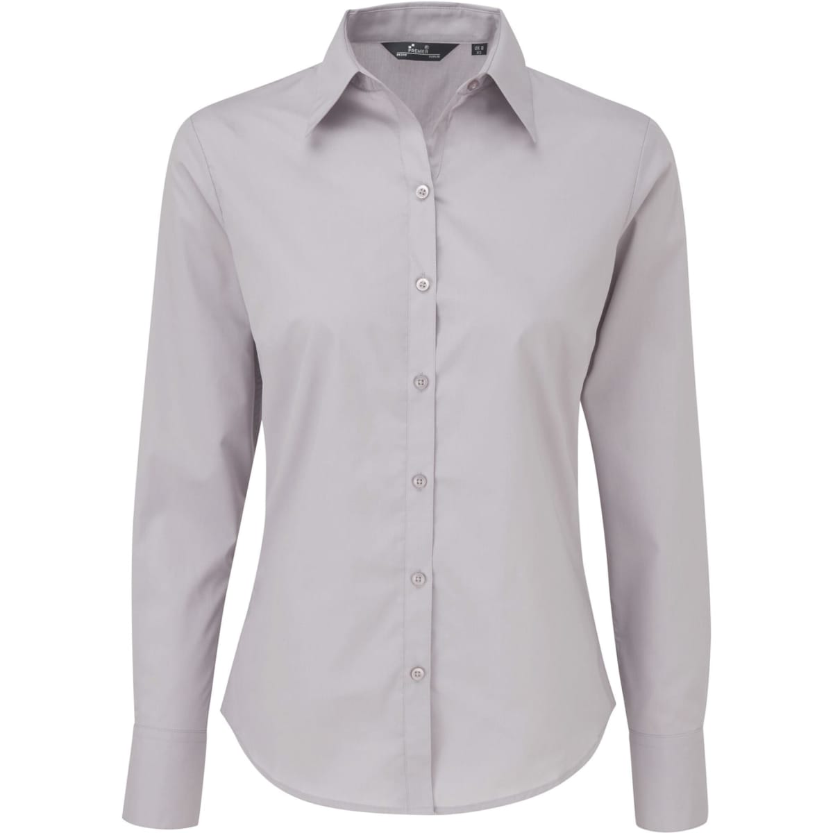 A light grey women's poplin long-sleeve blouse with a button-up front and a collar. It features a logo.