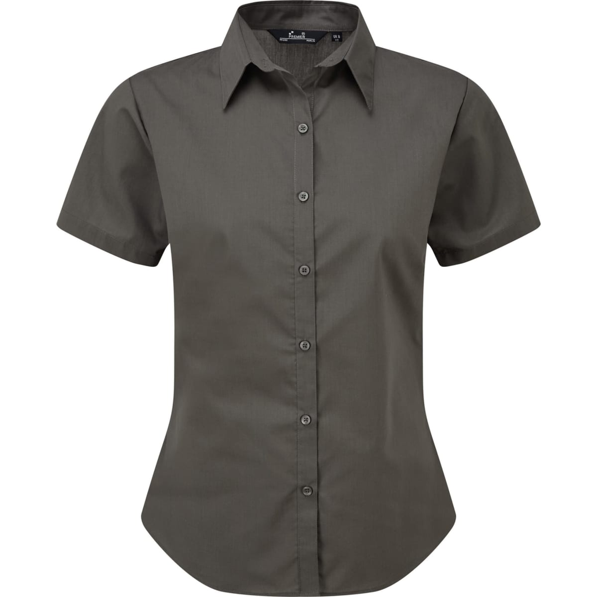 A short-sleeved, dark grey button-up blouse featuring a classic collar and a fitted silhouette. It has a logo.