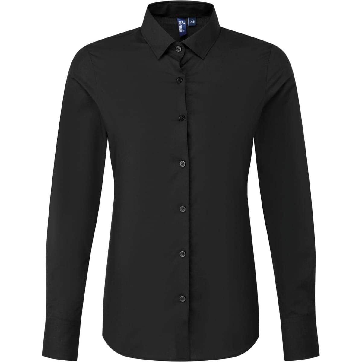 A black long-sleeve poplin shirt featuring a button-up front and a collar, with a logo on the label.