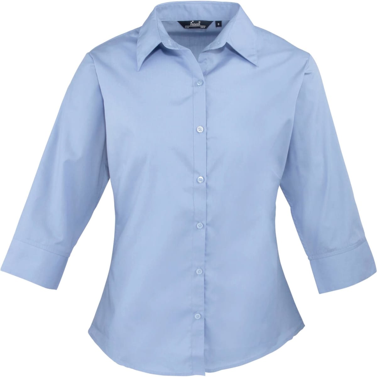 A light blue women's 3/4 sleeve poplin blouse with a button-up front and collar, featuring a logo.