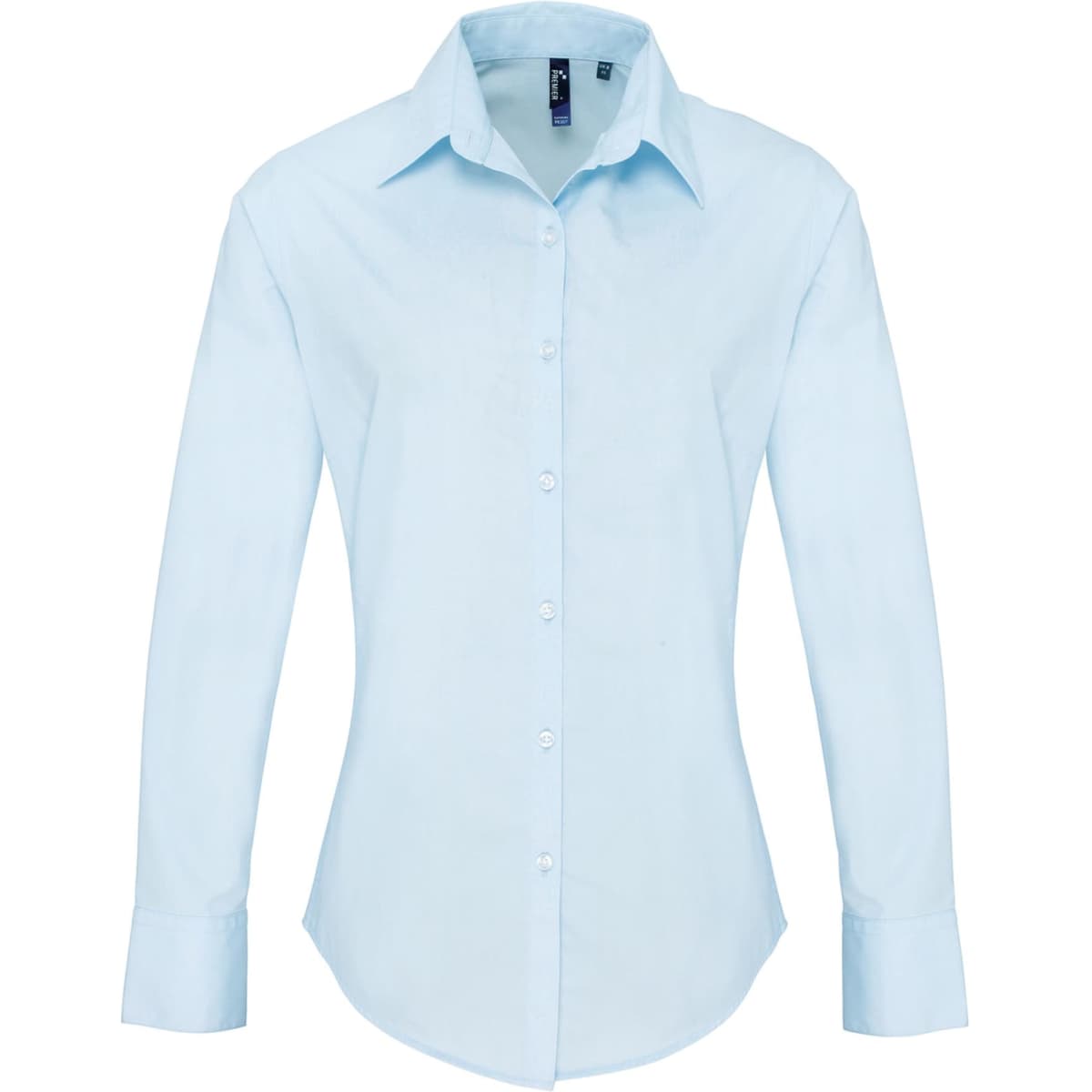 Light blue women's long-sleeve button-up shirt with a collar, featuring a logo on the chest.