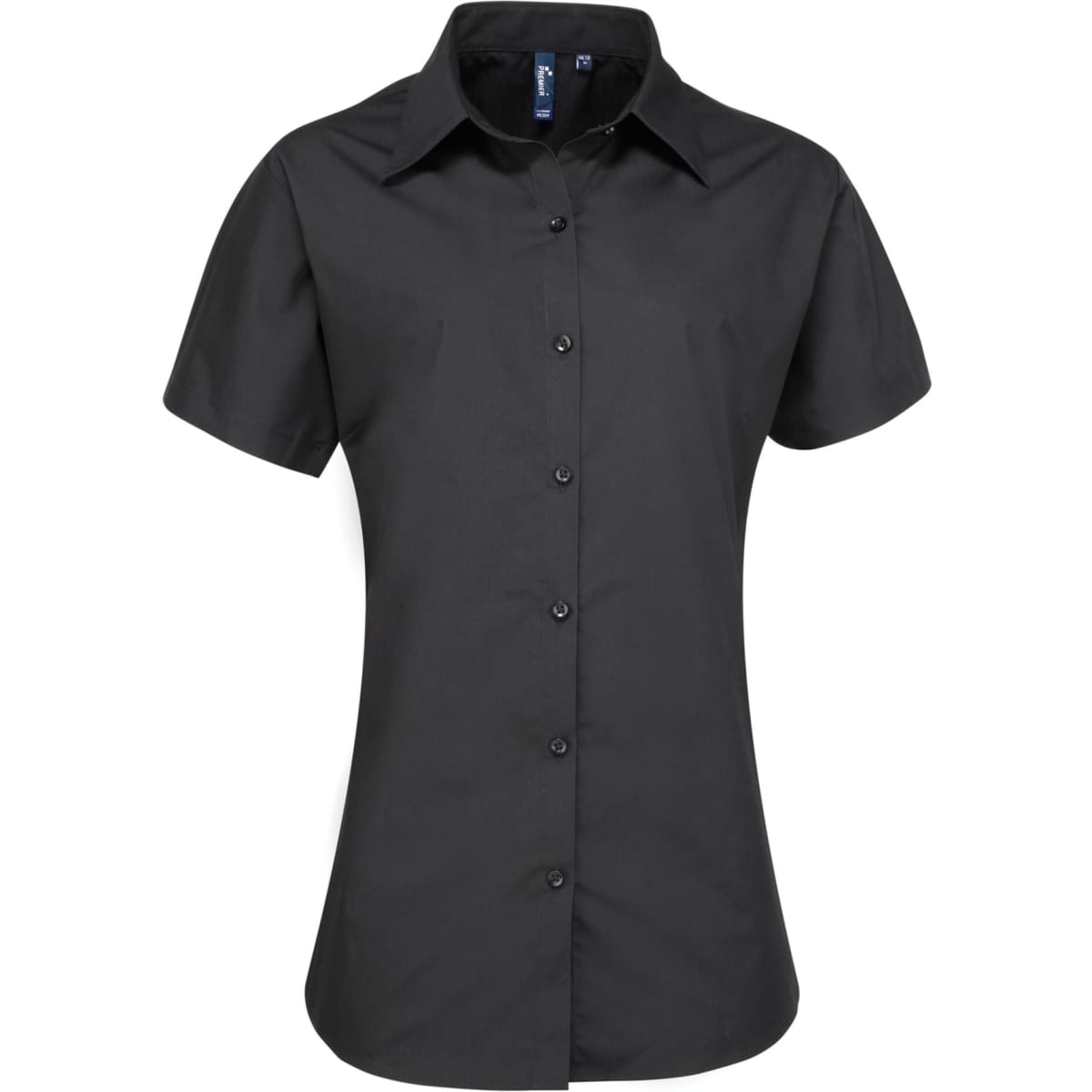 A black women's short-sleeve button-up shirt with a fitted design and a collar. Features branding.