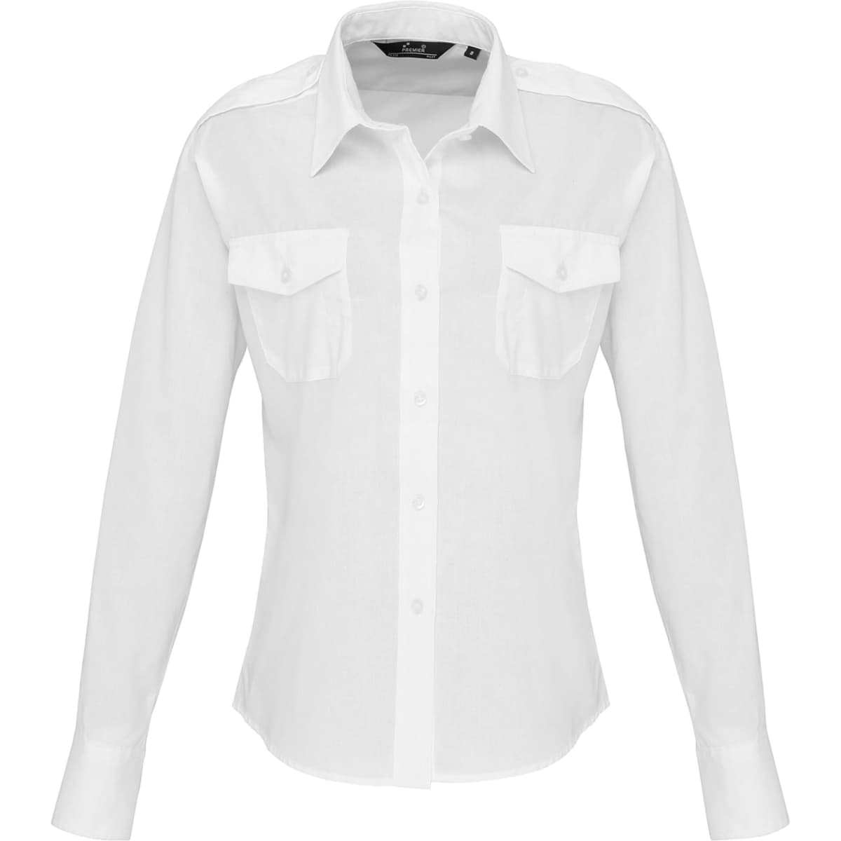 A women's long-sleeve pilot shirt in white with two chest pockets and a logo. Suitable for uniform wear.