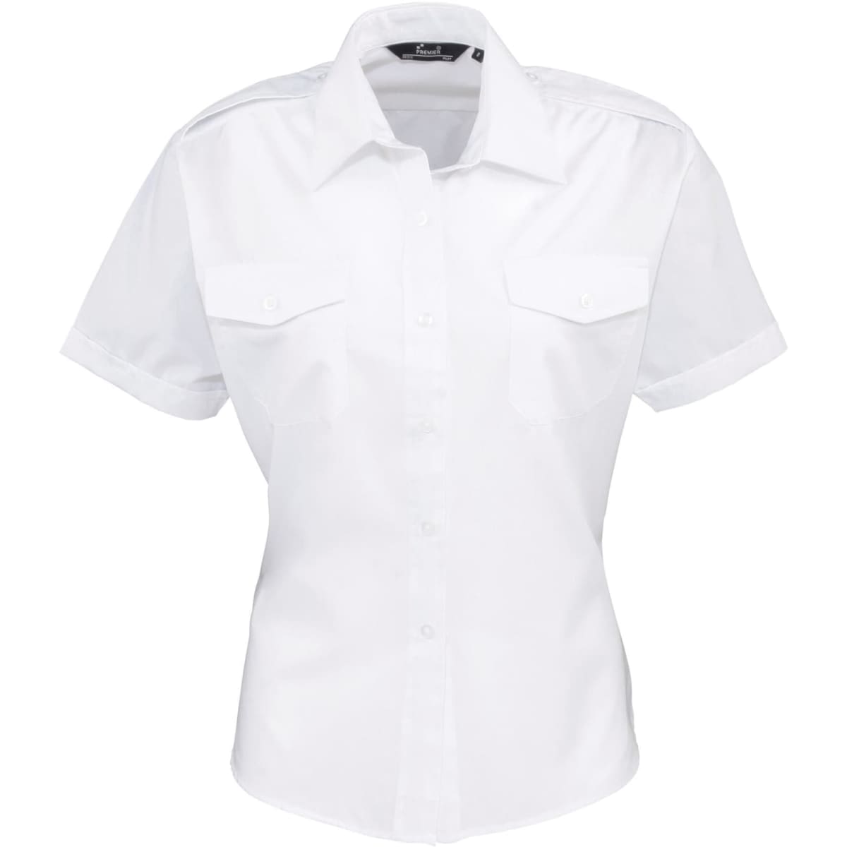 A white women's button-up shirt with short sleeves and two chest pockets. Features a logo on the collar.