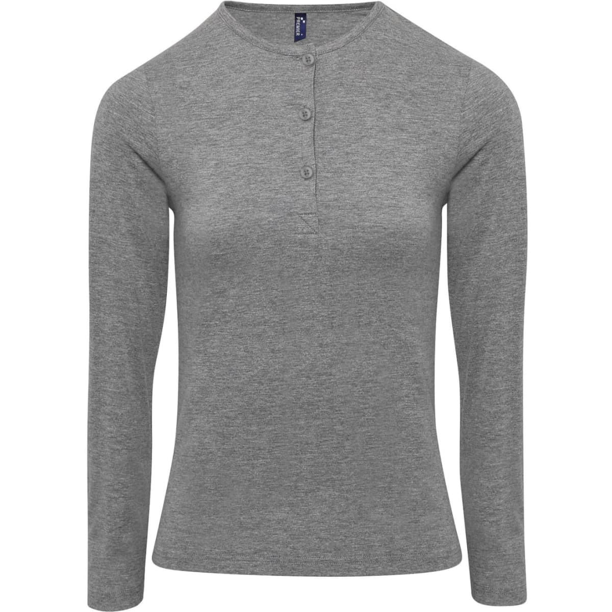 A grey long-sleeve tee with roll sleeves and a buttoned placket, featuring a logo.