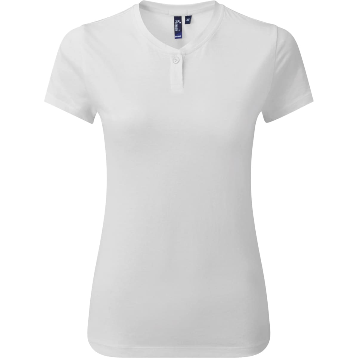 A white women's cotton rich T-shirt with a crew neck and short sleeves. It has a button detail and a logo.