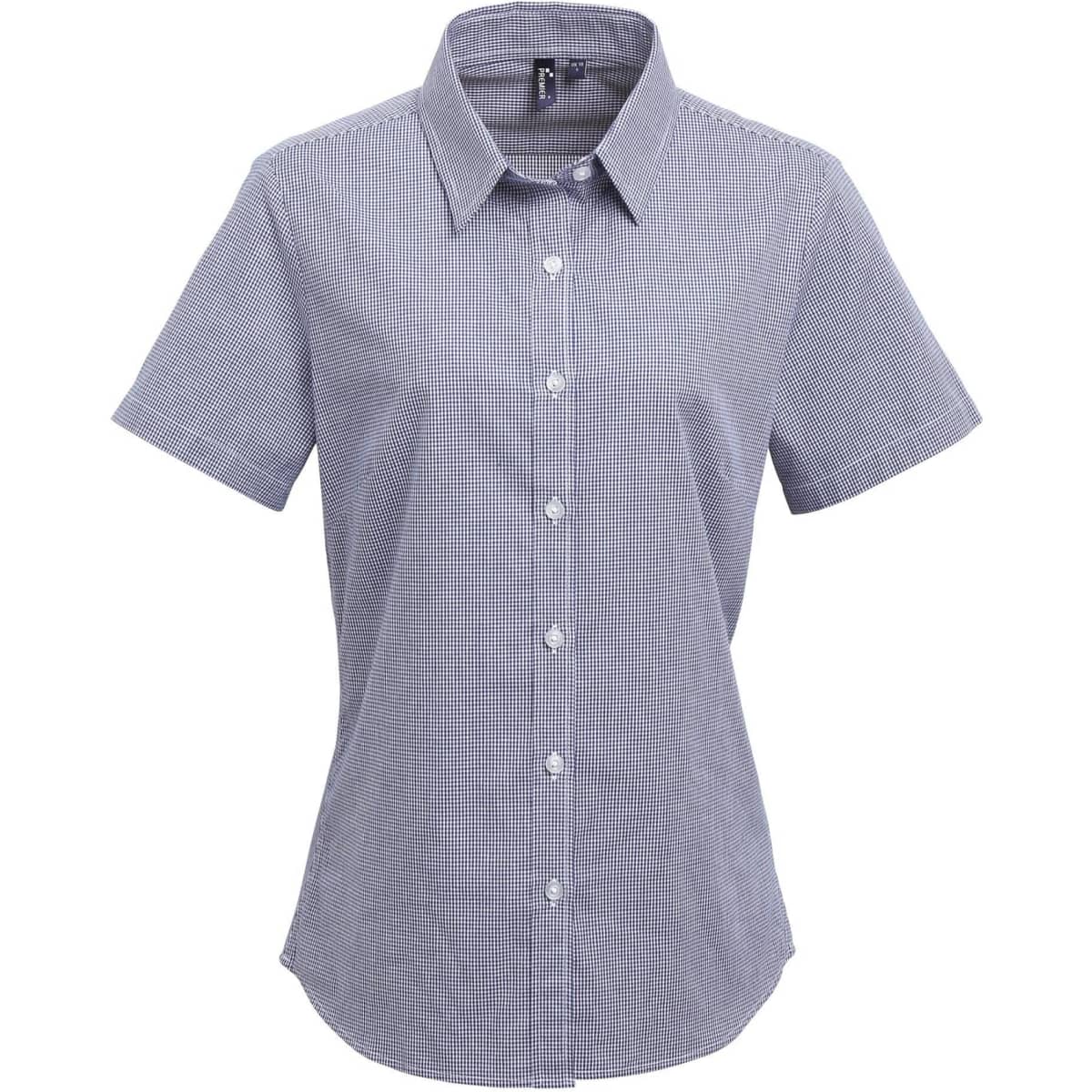 A women's short-sleeve button-up shirt in microcheck pattern, featuring a collared neckline and buttons in navy and white.
